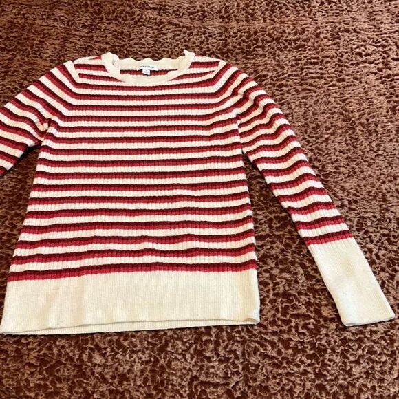 Nordstrom Red Breton Stripe Distressed Cropped Ribbed Sweater, M. French Girl - Picture 8 of 12